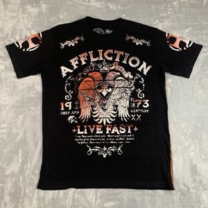 Affliction Live Fast Men's Short Sleeve Distressed Black Shirt Size L